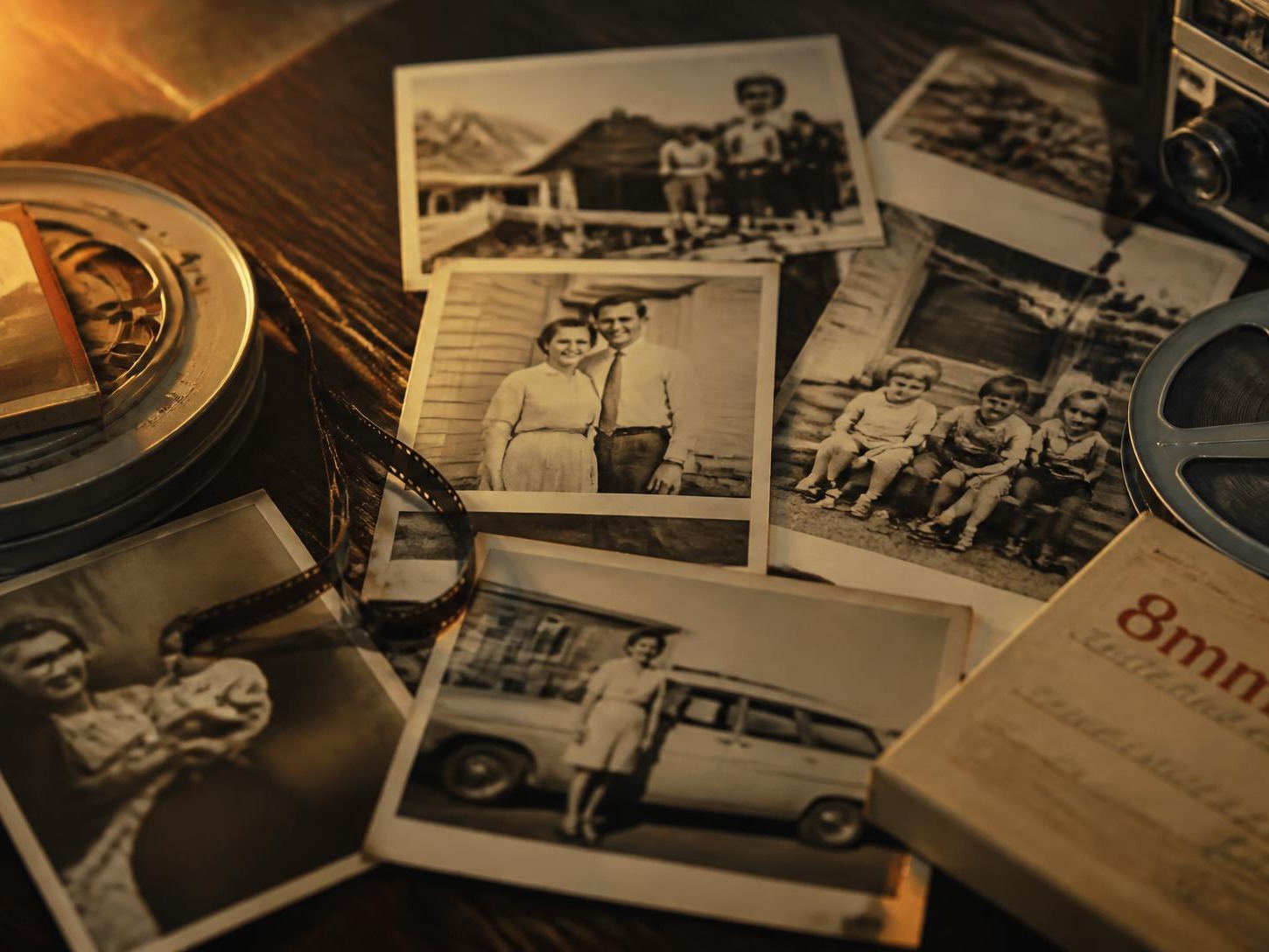 A table of vintage family photographs beside film reels and an 8mm film box