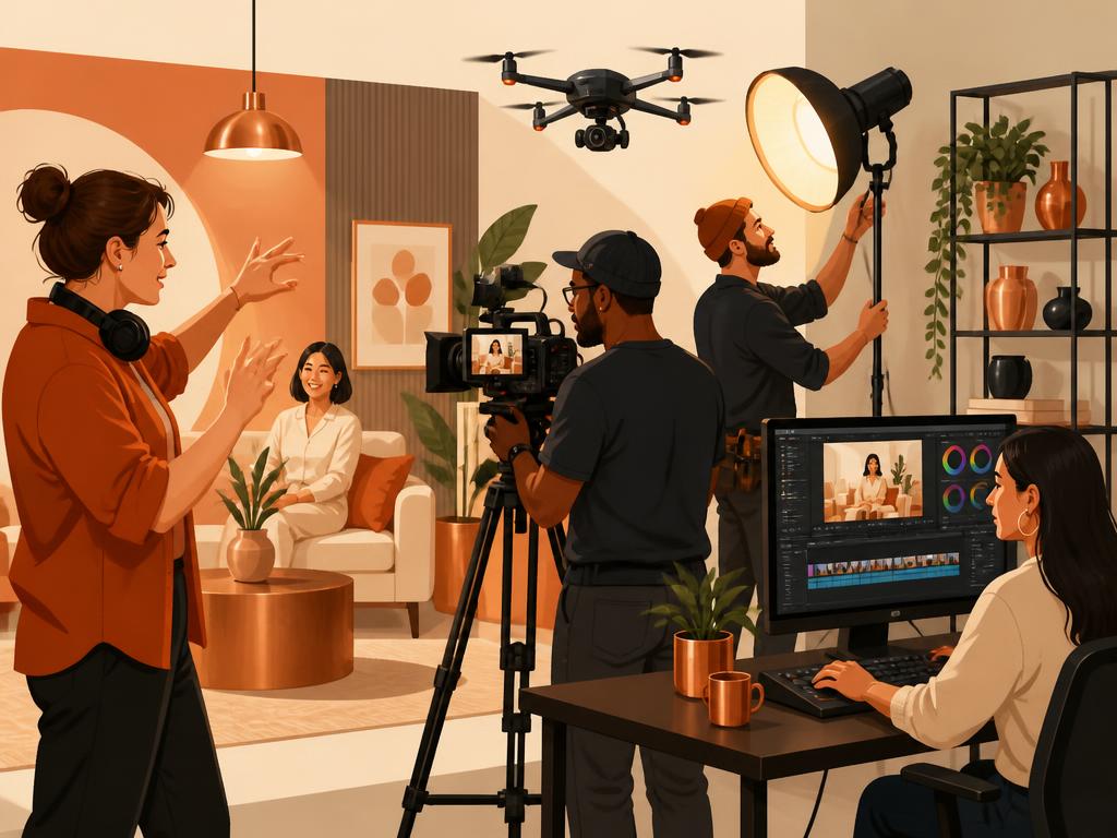 Film crew collaborating around cameras on a warmly lit studio set
