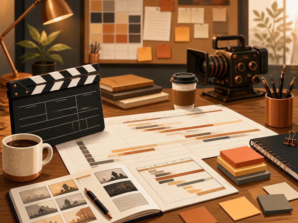 Warmly lit production planning desk with schedules, camera gear and monitors in soft shadow