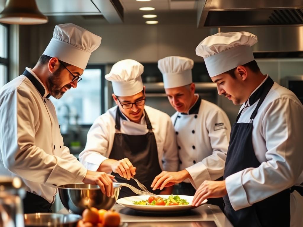Chefs collaborating in a professional kitchen